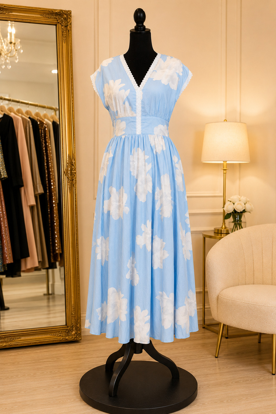 Blue cotton midi dress, Linen Vibes, Size M, NEW WITH TAGS